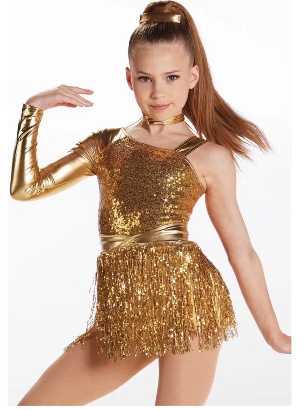 Weissman | Gold Watch Sequin Fringe Asymmetrical One-Shoulder Dance Costume, IC